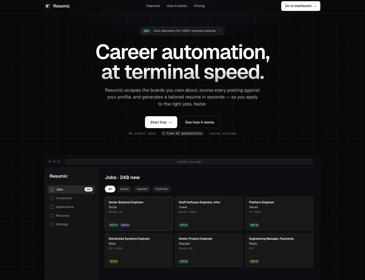 Resumic interface showing a tailored resume with the diff view